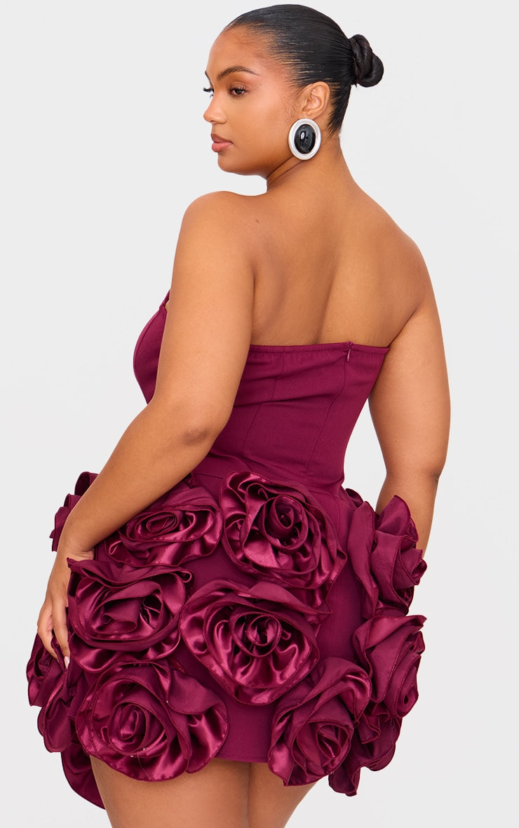 Plus Burgundy Boned Corset Flower Detail Bodycon Dress