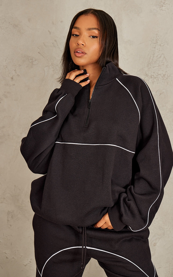 Ash Grey Oversized Contrast Piping Quarter Zip Sweatshirt