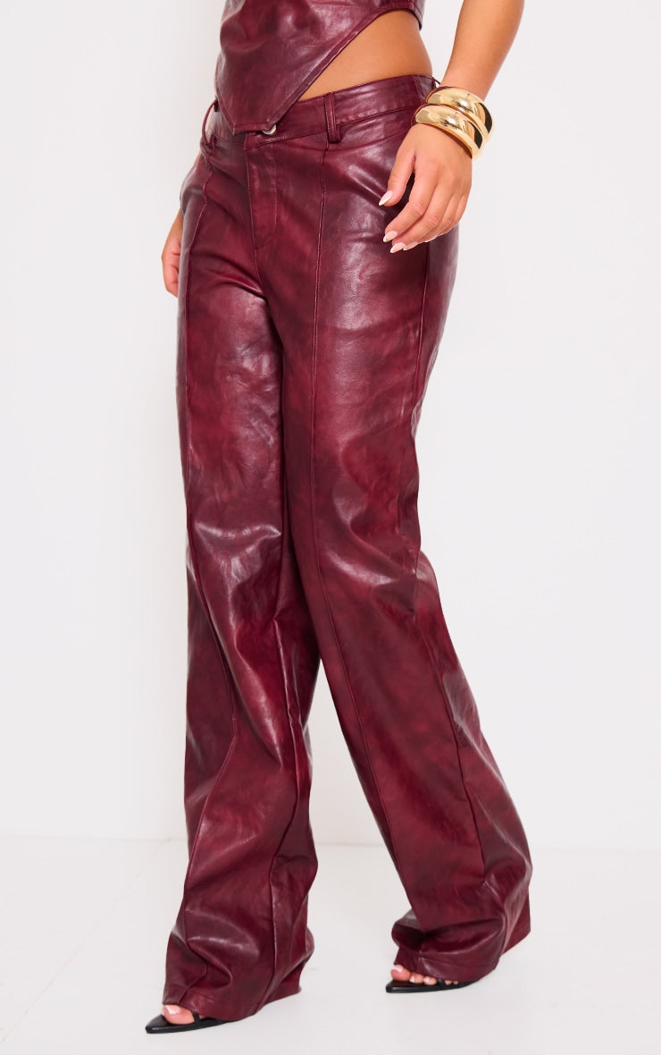 Burgundy Washed Faux Leather Dip Waist Flared Trousers