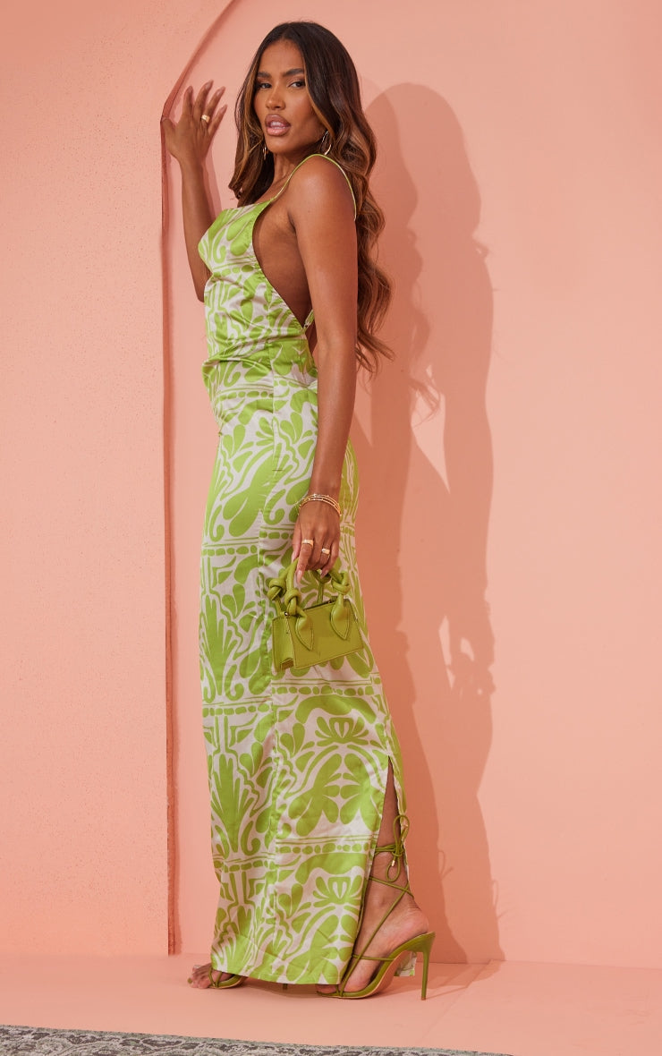 Green Baroque Print Satin Cowl Neck Maxi Dress