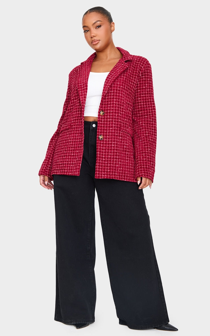 Plus Burgundy Boucle Check Blazer