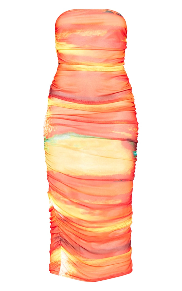 Pink Abstract Print Mesh Bandeau Ruched Maxi Dress