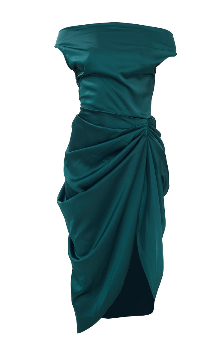 Emerald Green Satin Off The Shoulder Draped Skirt Midi Dress