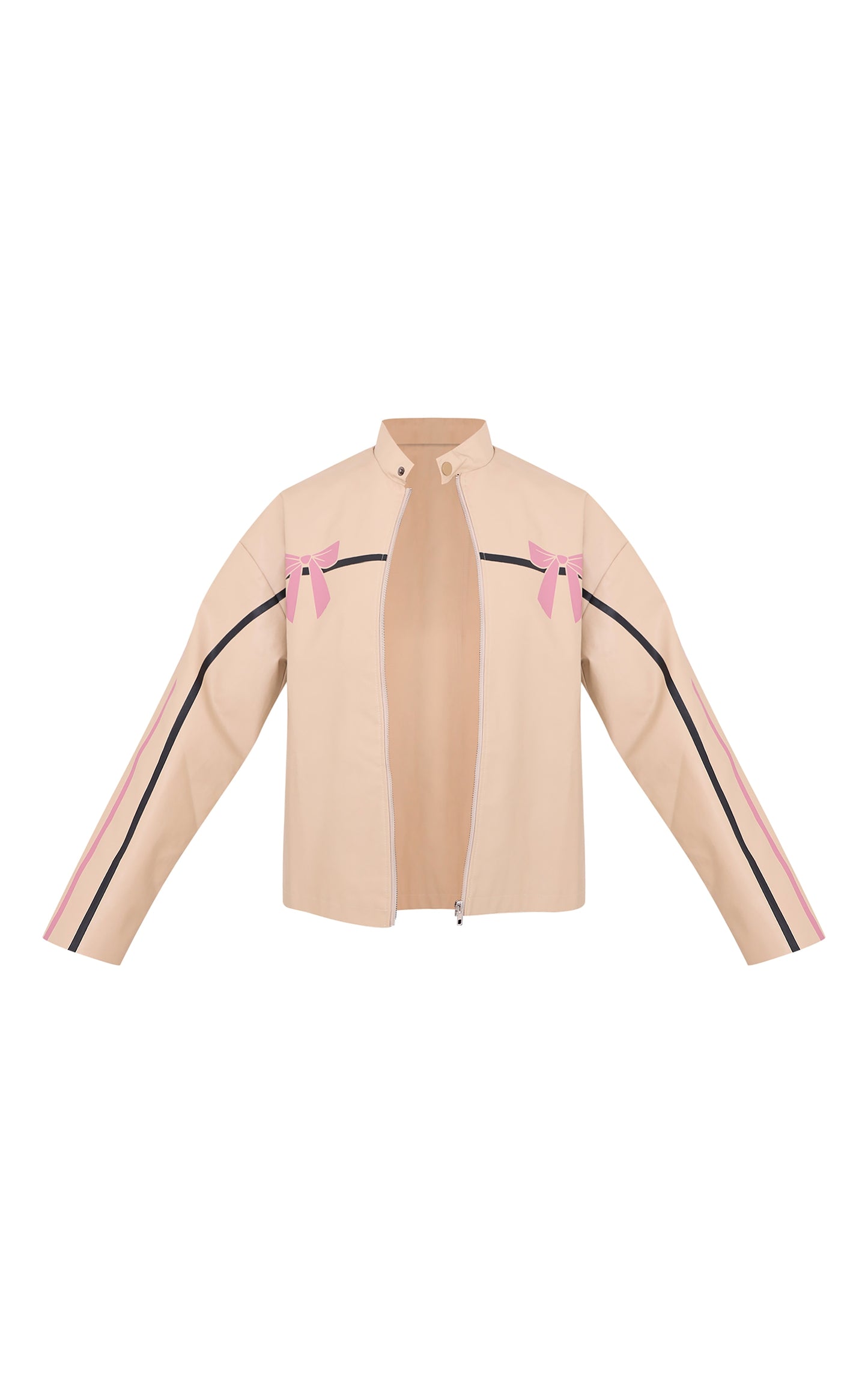 Cream Faux Leather Bow Print Detail Jacket