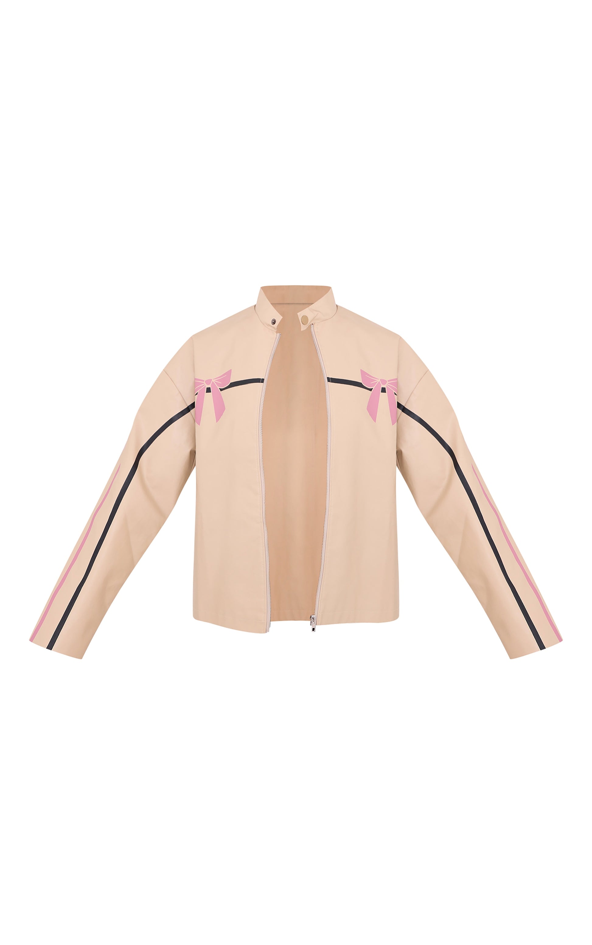 Cream Faux Leather Bow Print Detail Jacket