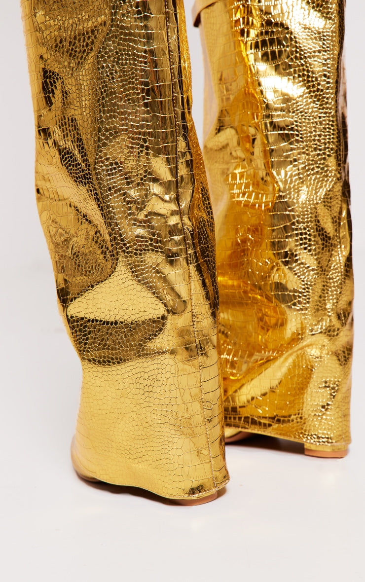 Snake Print PU Fold Over Knee Block Heeled Boots