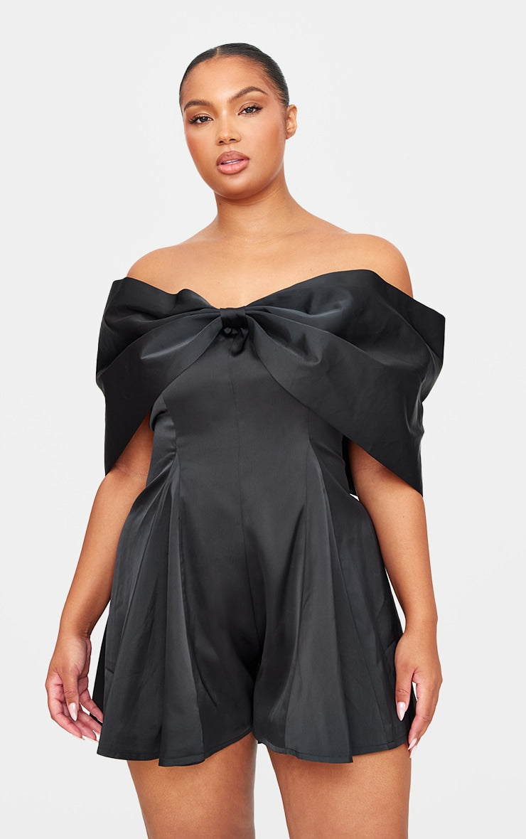 Plus Premium Black Satin Extreme Bow Detail Playsuit