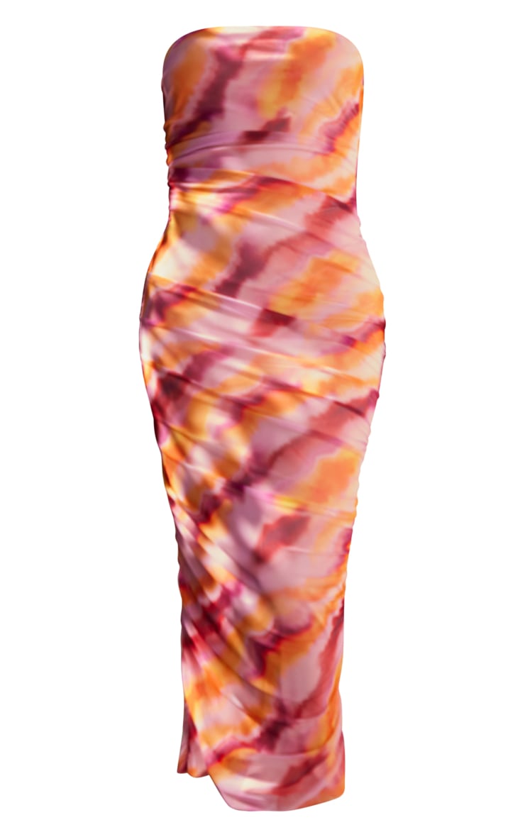 Pink Abstract Print Mesh Bandeau Ruched Maxi Dress