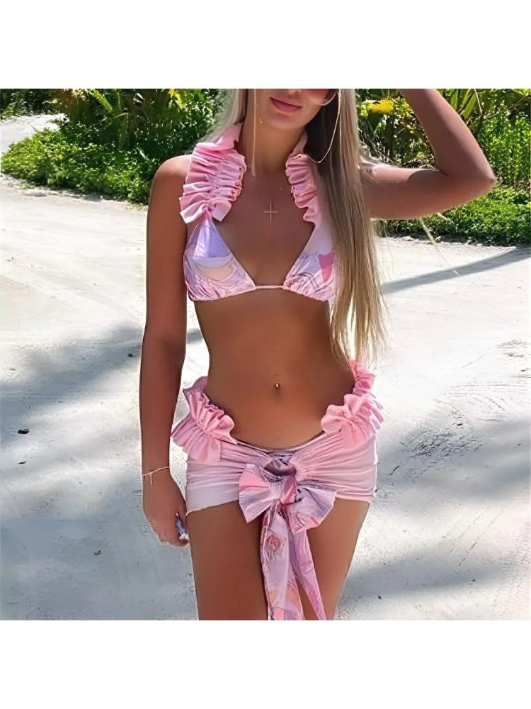 Ruched Halter Neck Backless Bikinis 3 Piece Sets