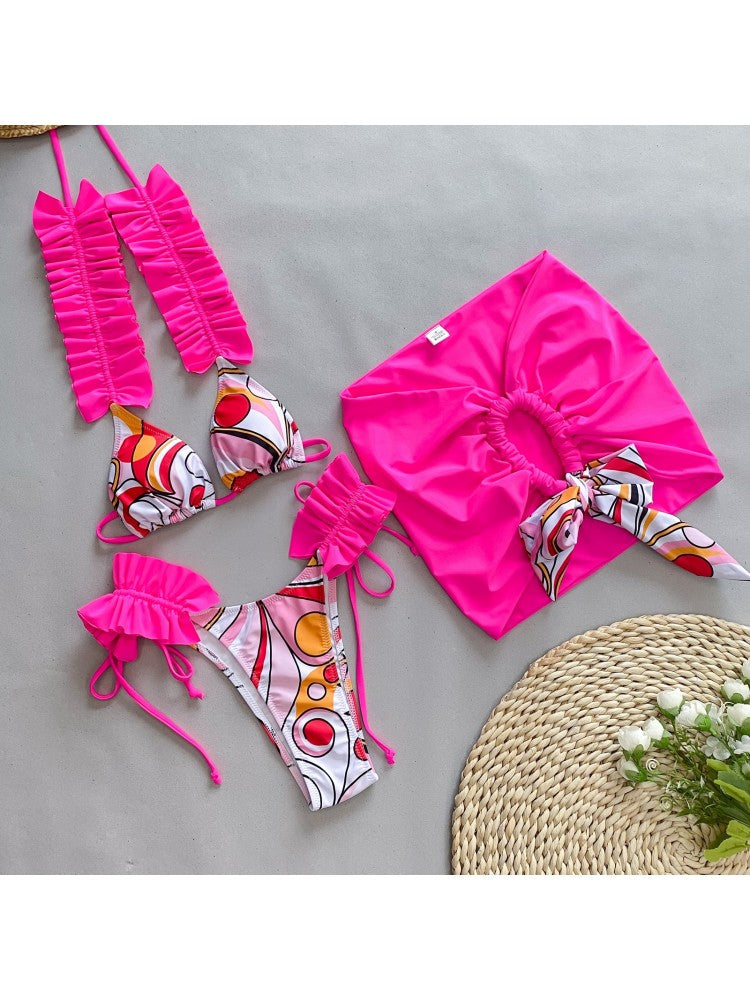 Ruched Halter Neck Backless Bikinis 3 Piece Sets