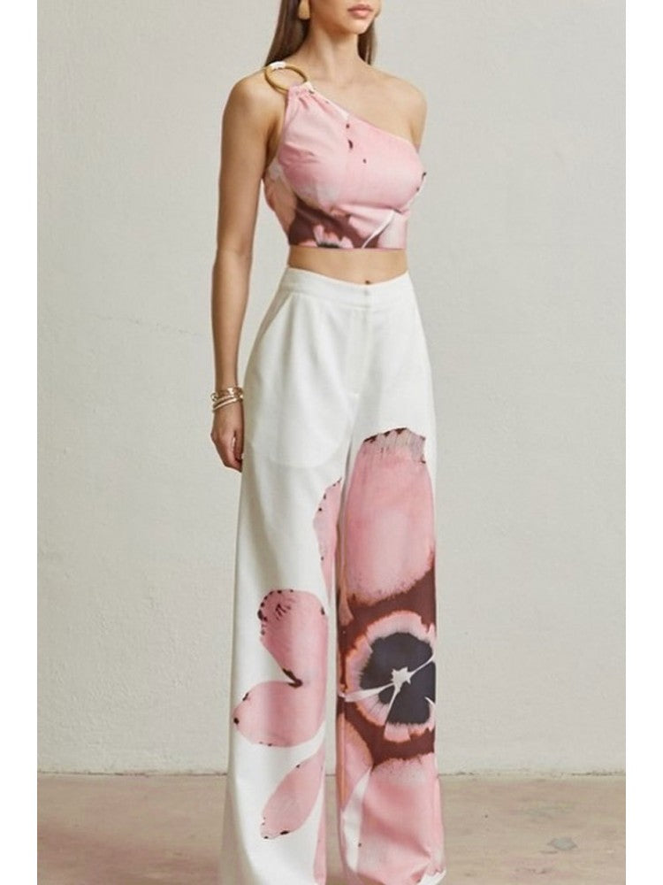 Flower One-shoulder Cropped Wide Leg Pant Sets