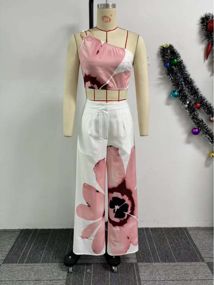 Flower One-shoulder Cropped Wide Leg Pant Sets