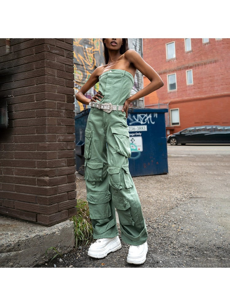 Patchwork Strapless Denim Cargo Green Jumpsuit