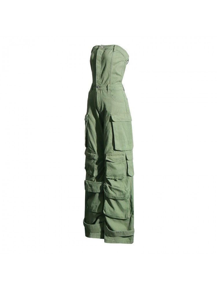 Patchwork Strapless Denim Cargo Green Jumpsuit