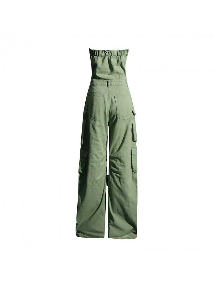 Patchwork Strapless Denim Cargo Green Jumpsuit