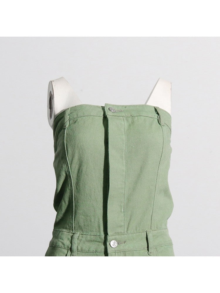 Patchwork Strapless Denim Cargo Green Jumpsuit