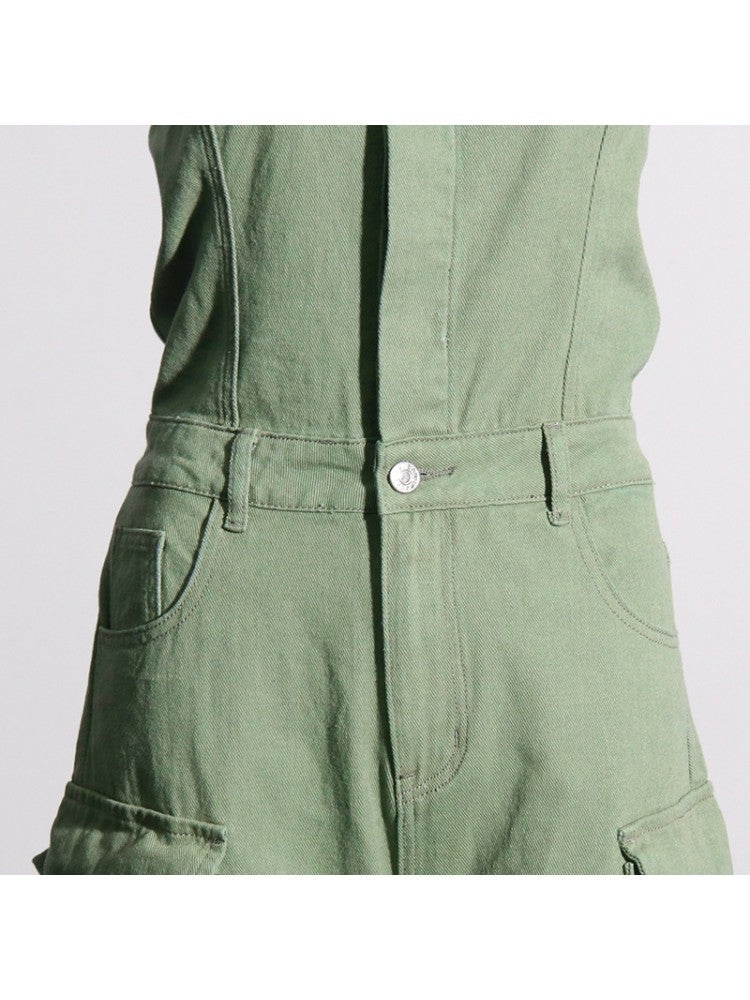 Patchwork Strapless Denim Cargo Green Jumpsuit