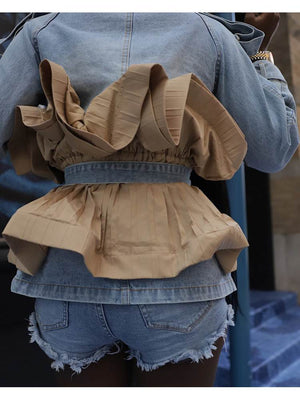 Denim Patchwork Ruffle Bandage Short Coats