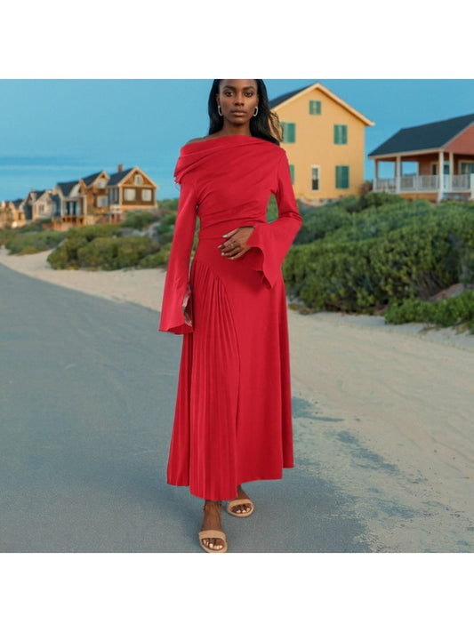 Pleated Trumpet Sleeve Red Maxi Dress