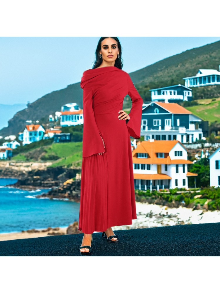 Pleated Trumpet Sleeve Red Maxi Dress