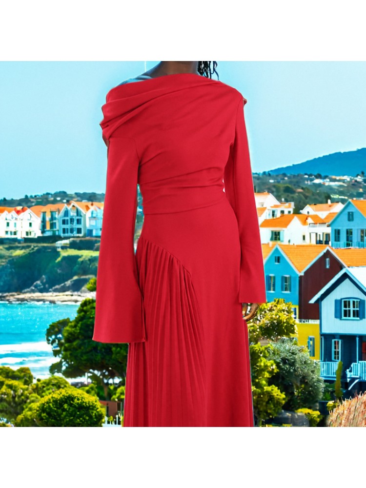 Pleated Trumpet Sleeve Red Maxi Dress