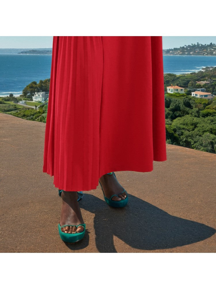 Pleated Trumpet Sleeve Red Maxi Dress