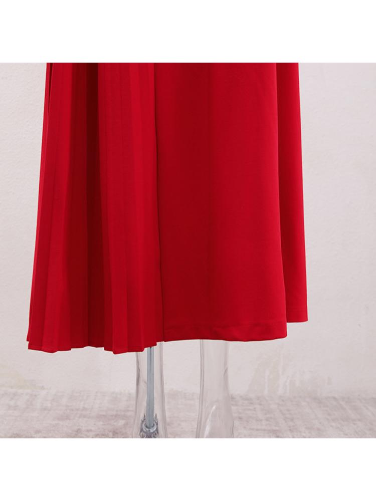 Pleated Trumpet Sleeve Red Maxi Dress