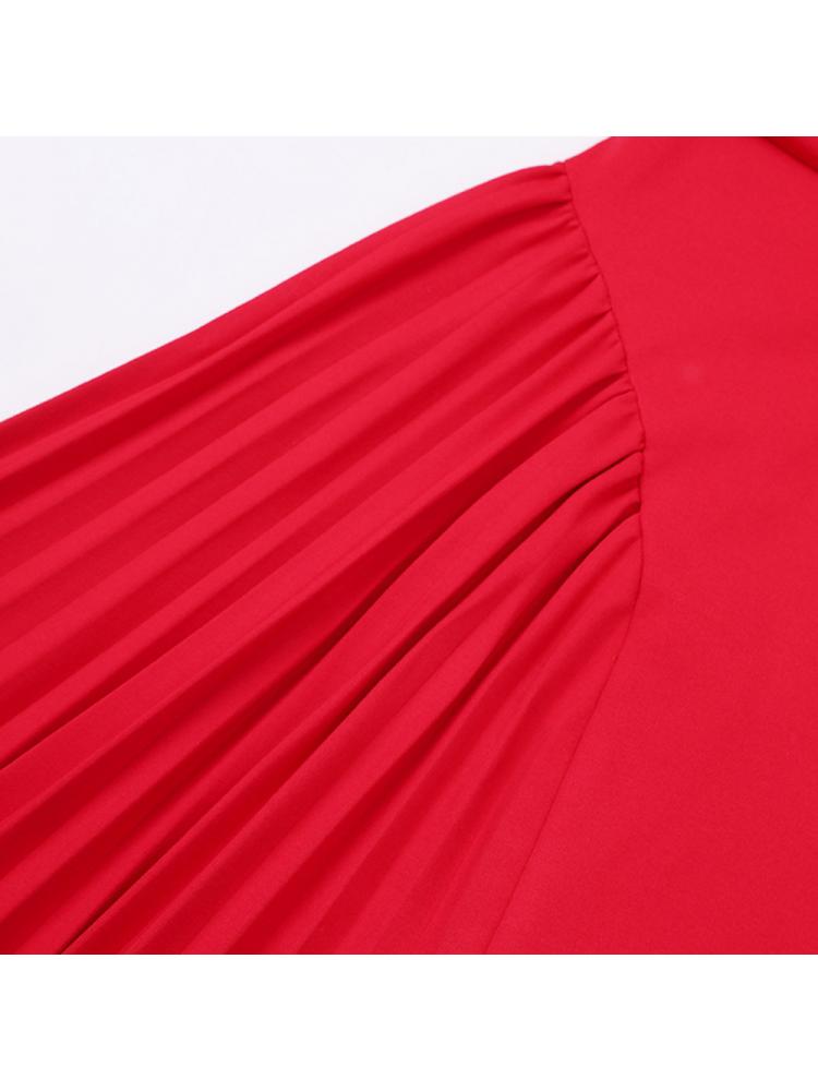 Pleated Trumpet Sleeve Red Maxi Dress