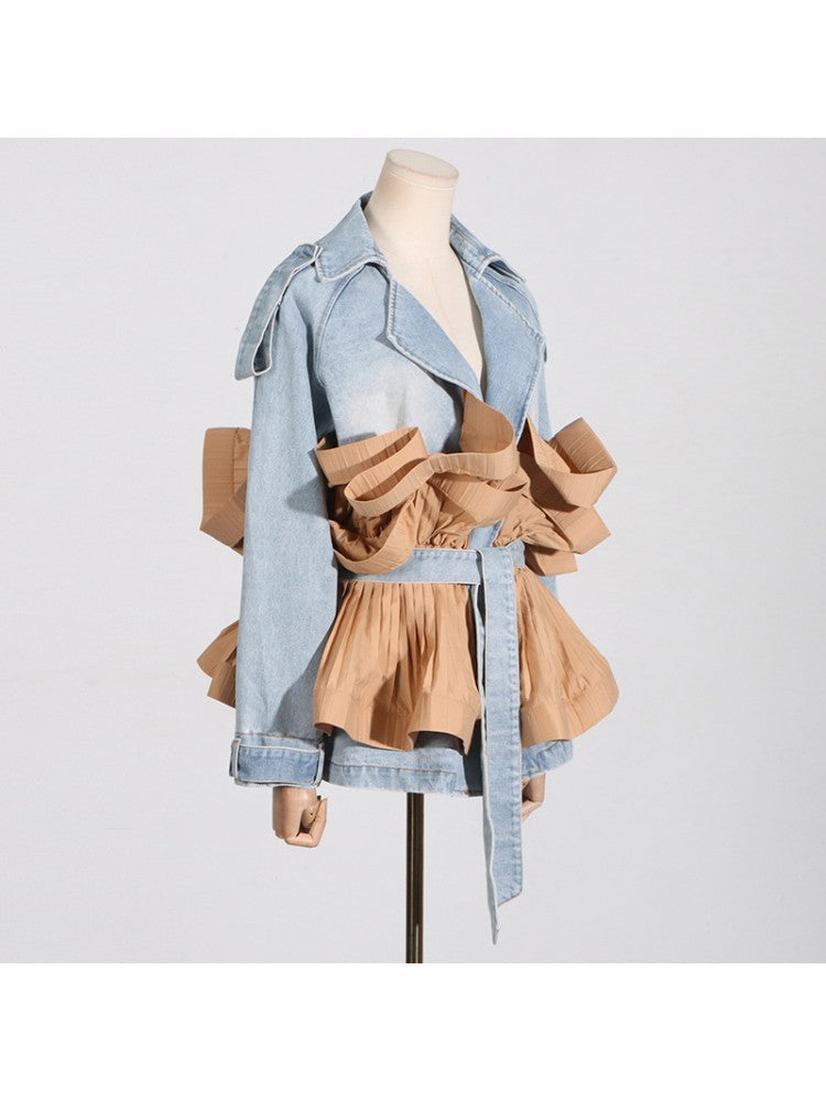 Colorblock Ruffle Long Sleeve Denim Jackets