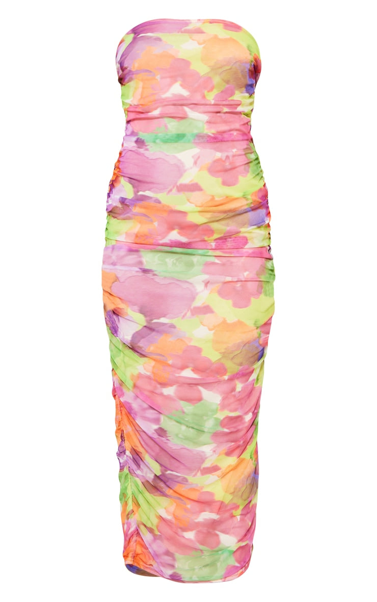 Pink Abstract Print Mesh Bandeau Ruched Maxi Dress