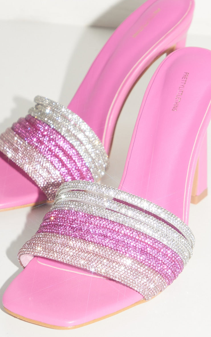 Pink Wide Fit Diamante Ombre High Heeled Mule Sandals