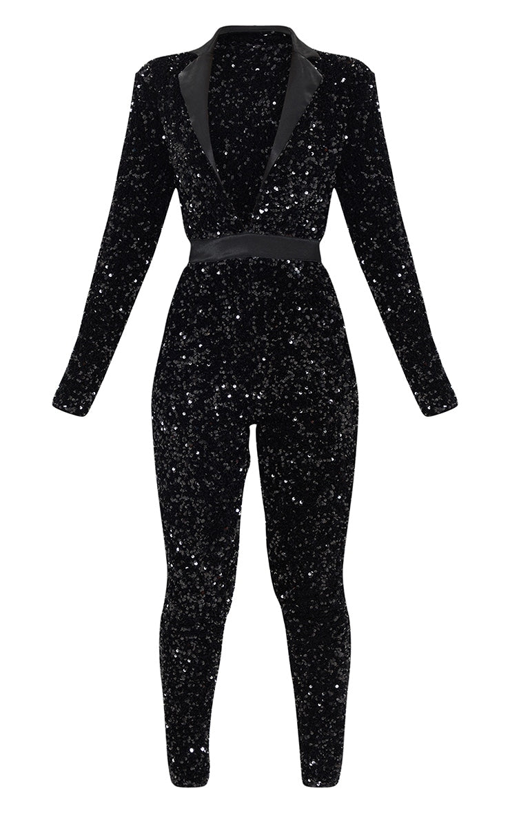 Black Velvet Sequin Plunge Front Tailored Jumpsuit