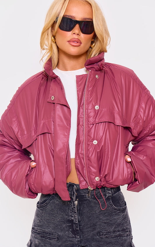 Burgundy Pocket Detail Lightweight Puffer Jacket