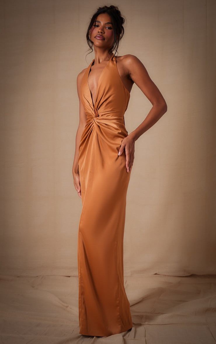 Champagne Bridesmaid Satin Twist Plunge Halterneck Maxi Dress