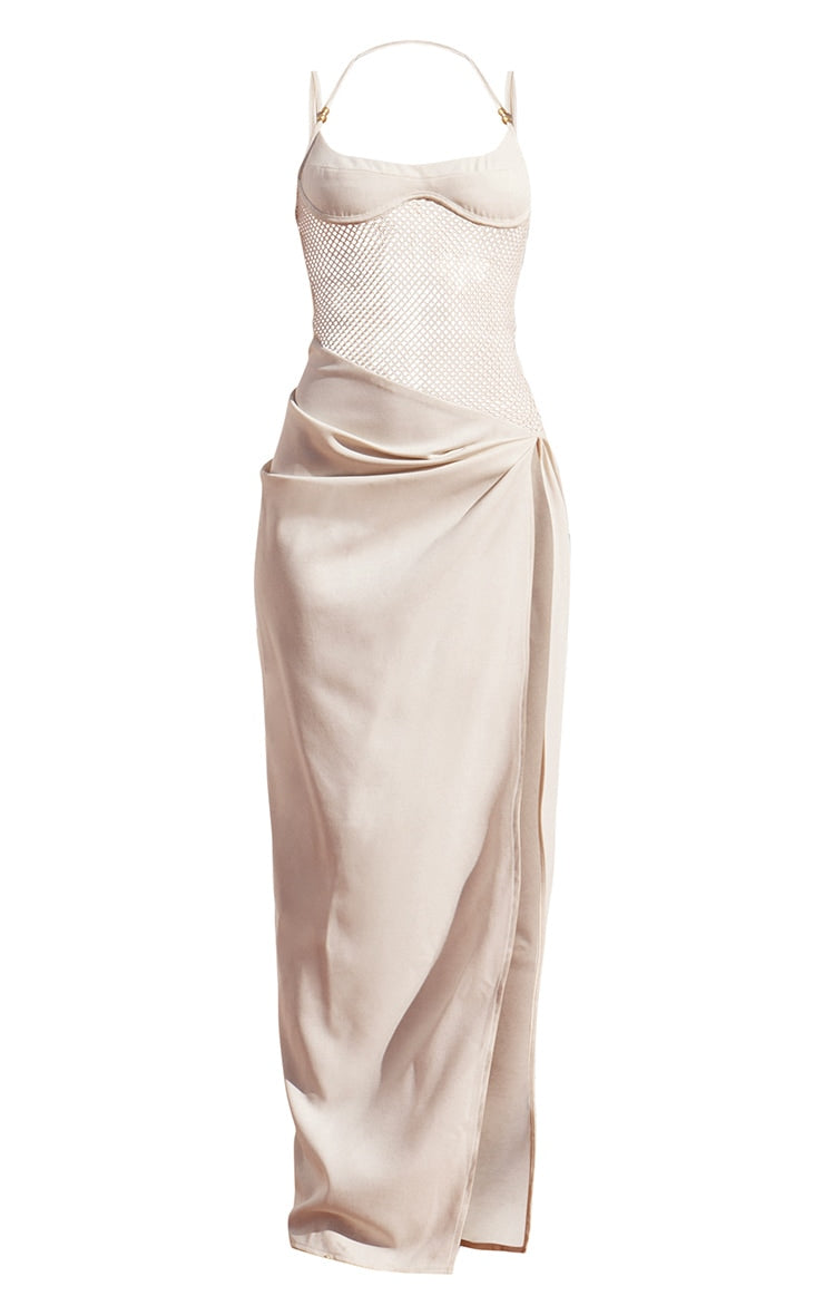 PLT Label Off White Sheer Panel Ruched Maxi Dress