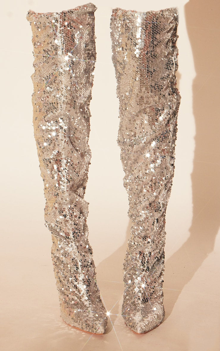 Silver Sequin Point Toe Over The Knee Heeled Boots