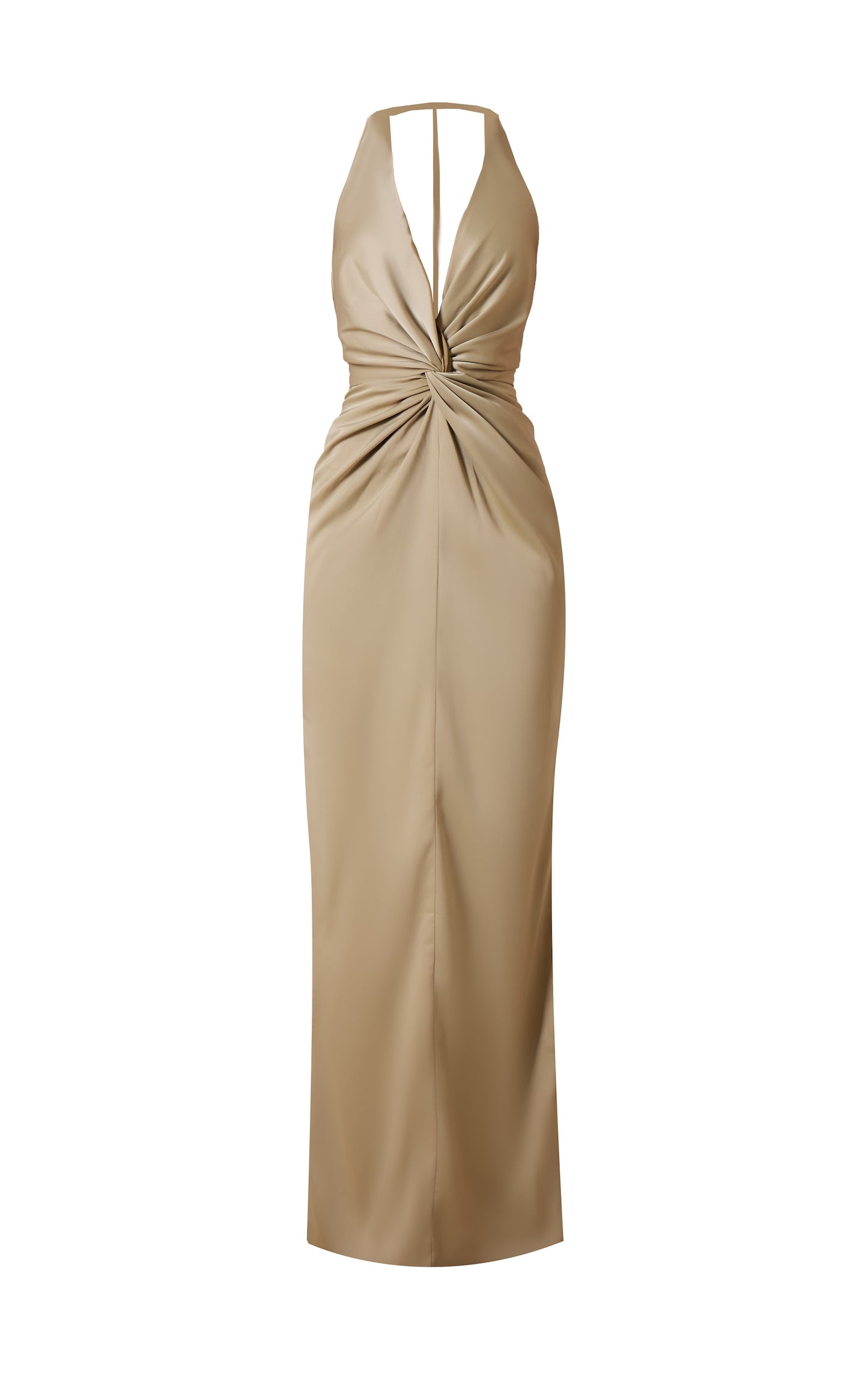 Champagne Bridesmaid Satin Twist Plunge Halterneck Maxi Dress