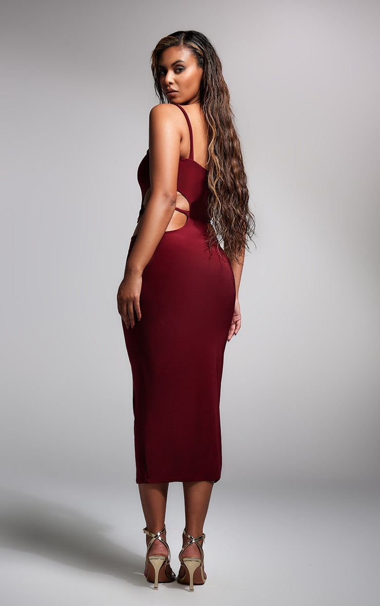 Dark Red Slinky One Shoulder Trim Detail Midaxi Dress