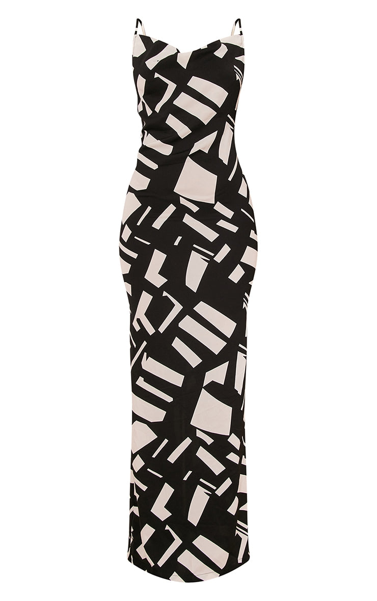 White Zebra Print Satin Cowl Neck Maxi Dress - HCWP 