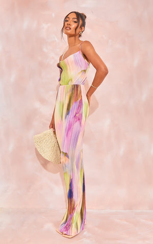 Tall Pink Floral Print Plisse Strappy Maxi Dress