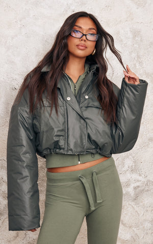 Khaki Pocket Detail Lightweight Puffer Jacket