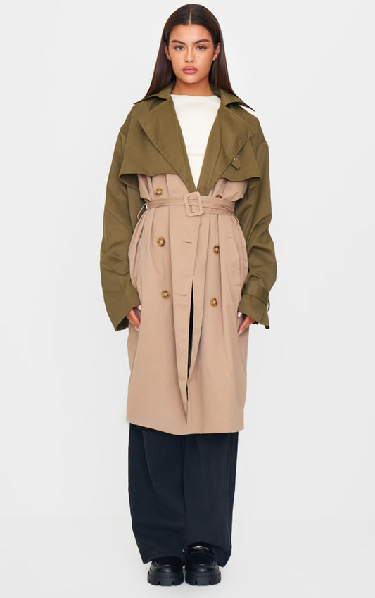 Khaki Contrast Oversized Belted Midi Trench Coat