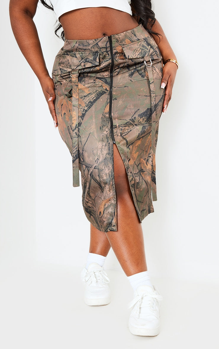 Plus Khaki Camo Printed Cargo Midi Skirt