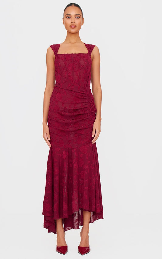 Burgundy Burnout Ruched Midi Dress