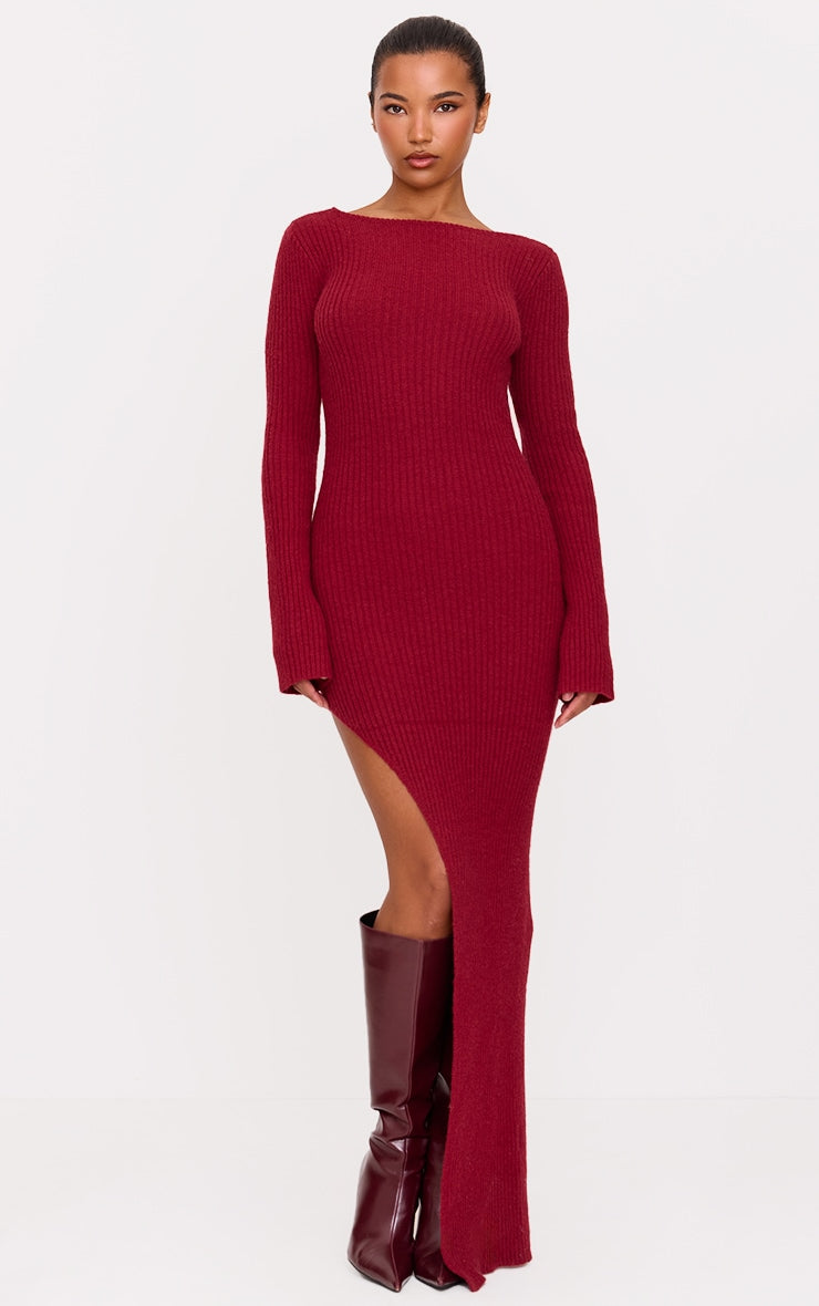 Burgundy Rib Knit Low Back Long Sleeve Maxi Dress