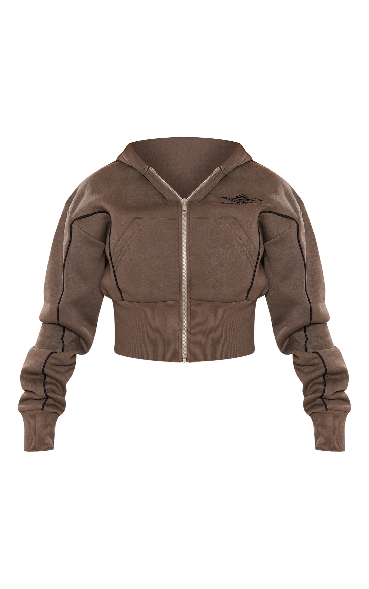 PRETTYLITTLETHING Khaki Cropped Contrast Stitch Zip Through Hoodie