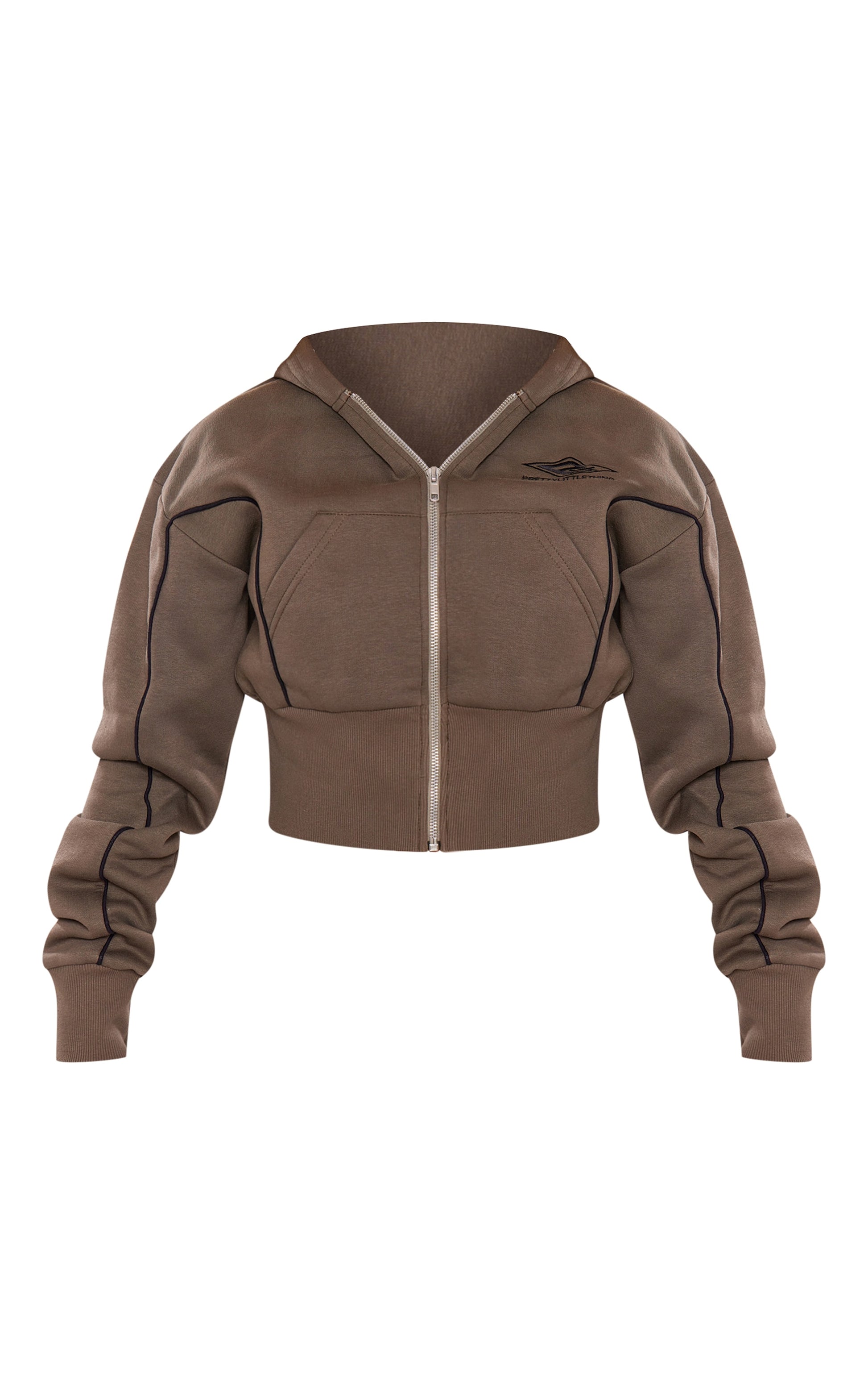 PRETTYLITTLETHING Khaki Cropped Contrast Stitch Zip Through Hoodie