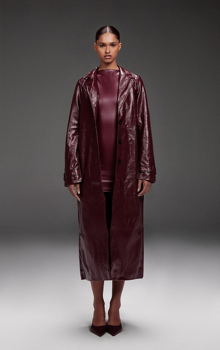 Burgundy High Shine Textured Faux Leather Maxi Coat