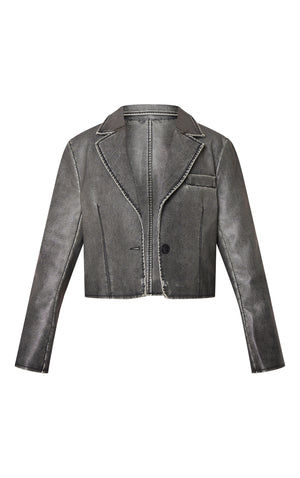 Petite Washed Grey Faux Leather Cropped Blazer