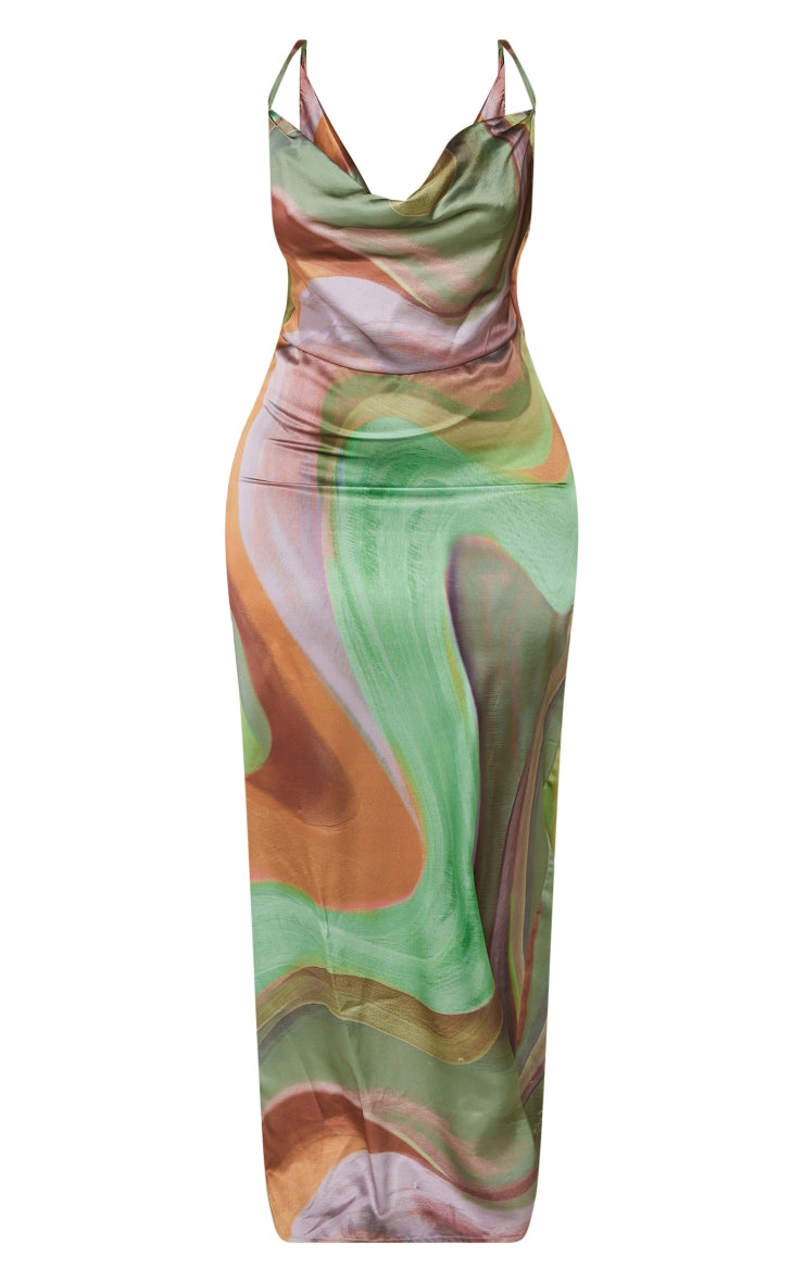 Plus Multi Abstract Marble Print Satin Cowl Neck Strappy Maxi Dress